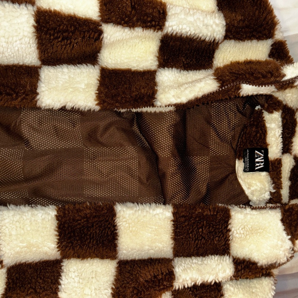 Zara Brown and Cream Checkered Zip-Up Sweater- Sherpa - Picture 5 of 7